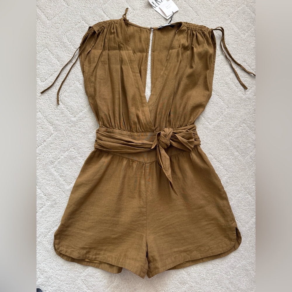 Zara Mustard Tan Tie-Waist Short Jumpsuit